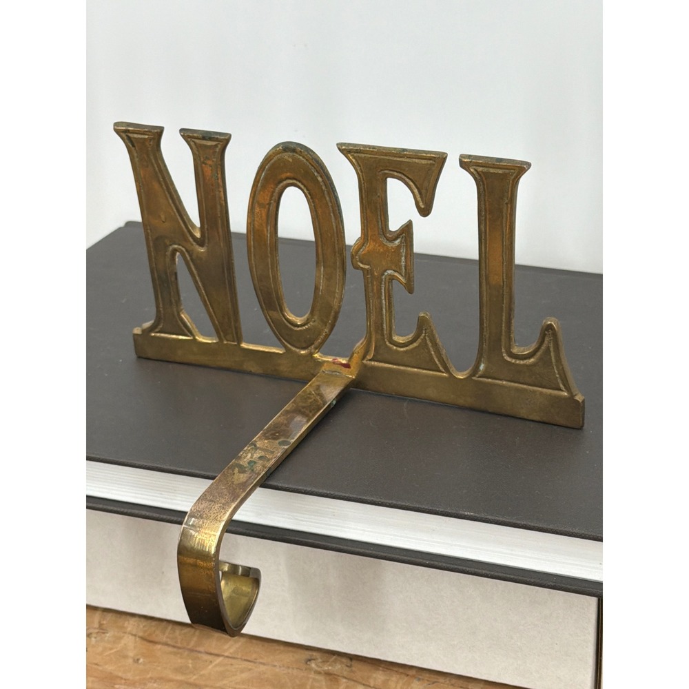 Vintage Solid Brass NOEL Christmas Stocking Holder Mantle Hook Holiday Decor